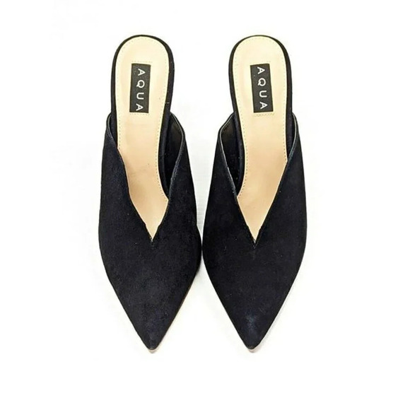 Aqua Women's Flare Mules Suede Pointed Toe High-Heel Black Size 9 (MSRP $99) - Picture 4 of 9